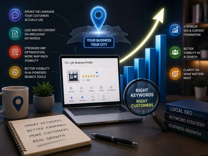 Professional local SEO infographic with Google Business Profile, map pin, rising analytics chart, keywords, and benefits for search visibility.