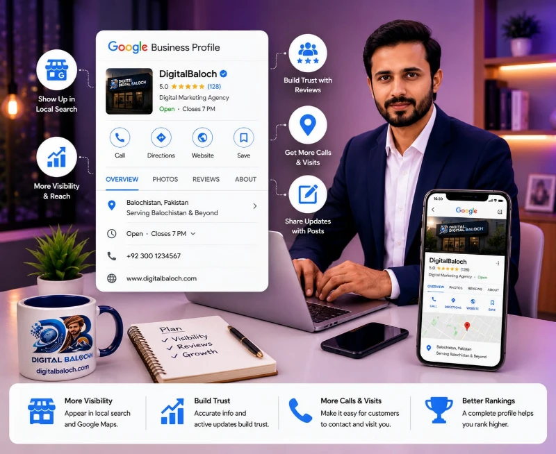 Business professional beside laptop and phone displaying a Google Business Profile, with icons highlighting local search visibility, reviews, and calls.