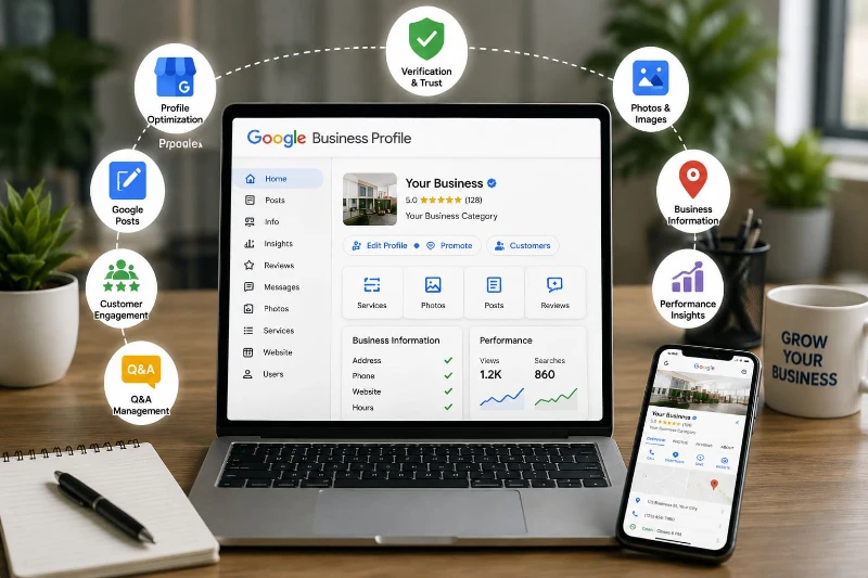 Laptop displays a Google Business Profile dashboard, smartphone, and marketing icons for reviews, posts, photos, insights, and business growth.
