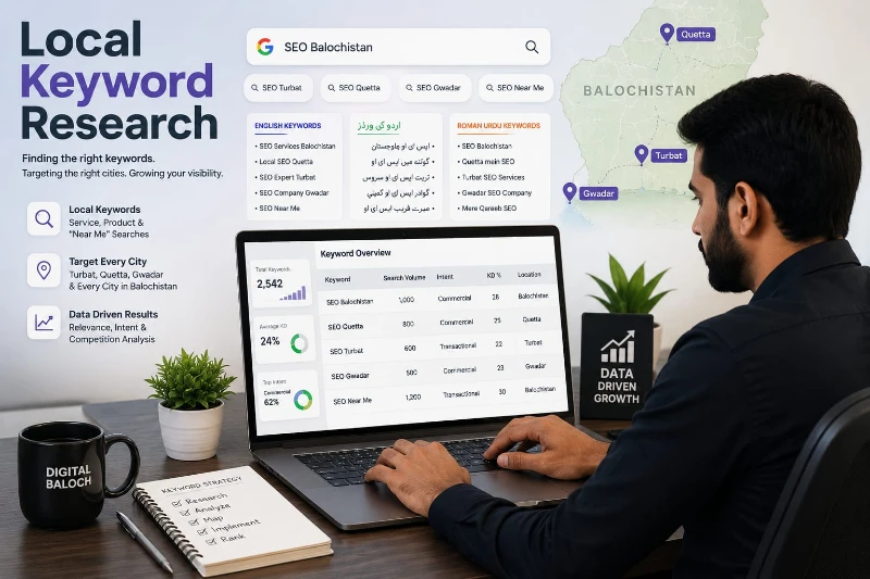SEO professional conducts local keyword research on a laptop, reviewing analytics beside a Balochistan map and marketing notes.