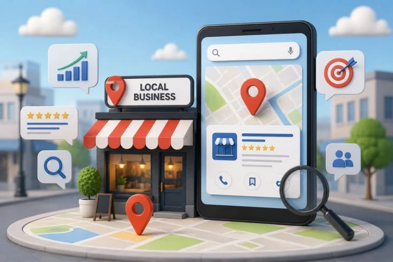 Bright illustration of a local business storefront beside a smartphone map, location pins, reviews, analytics, target icon, and magnifying glass.