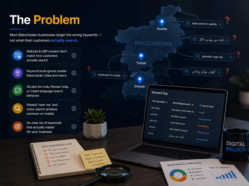 Dark infographic titled “The Problem” shows Balochistan map, local SEO search issues, laptop keyword data, notes, plant, and coffee mug.