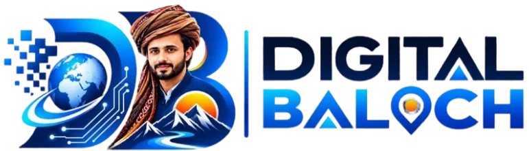 Digital Baloch logo featuring a bearded man in traditional turban, globe, circuit graphics, mountains, and bold blue text on black.